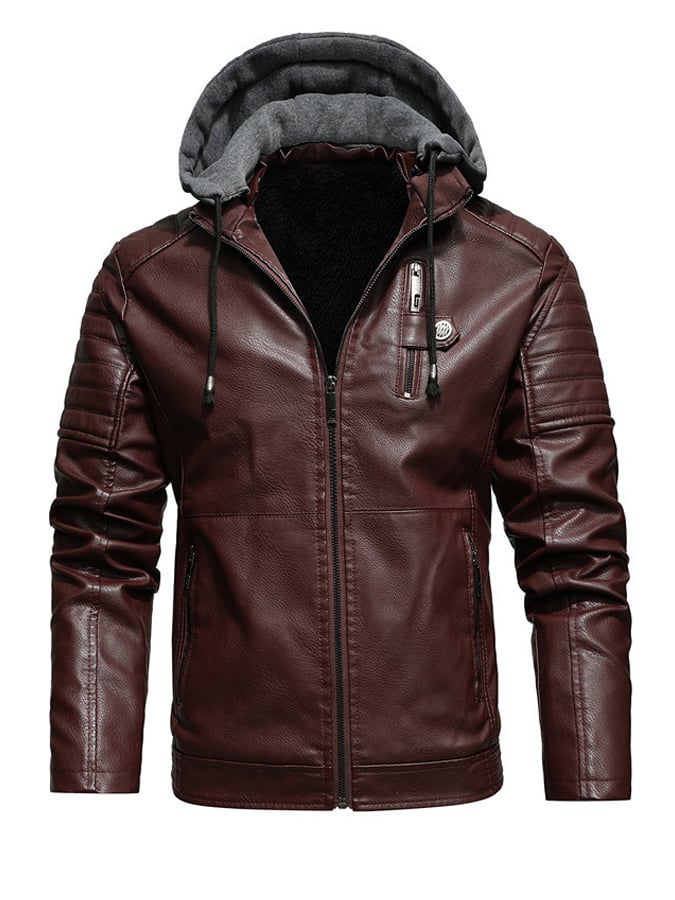 Giacca Imbottita in Pelle Sintetica con Cappuccio e Zip