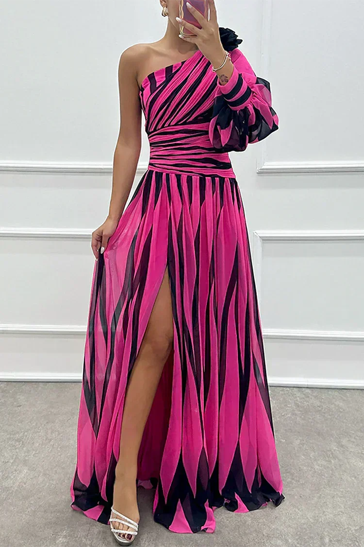 Hazel | Abito maxi a strisce con spalla scoperta