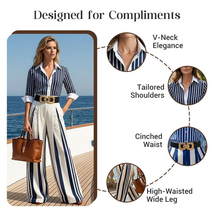 Set da 2 Pezzi: Camicia a Righe da Donna & Pantaloni a Gamba Larga