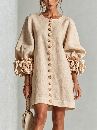 Lily | Mini Abito Beige con Maniche a Fiori Stravaganti