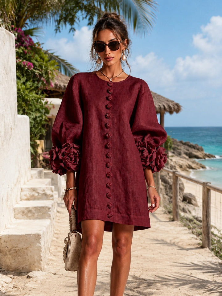 Lily | Mini Abito Bordeaux con Maniche a Fiori Stravaganti