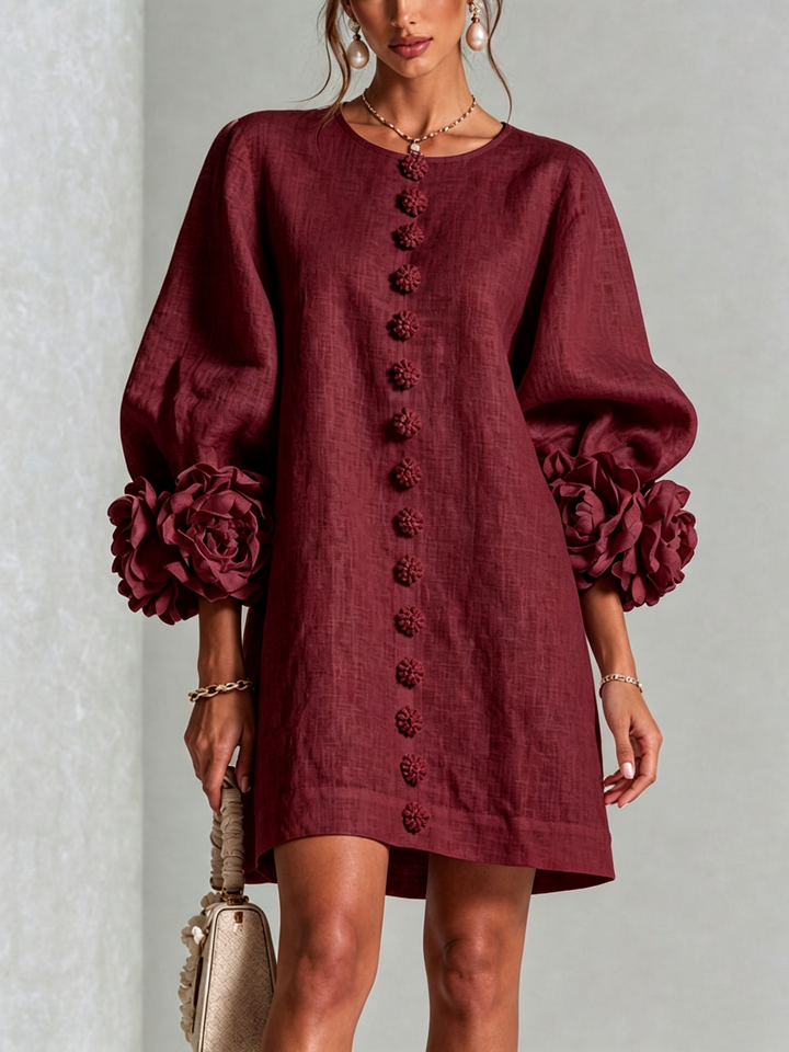 Lily | Mini Abito Bordeaux con Maniche a Fiori Stravaganti