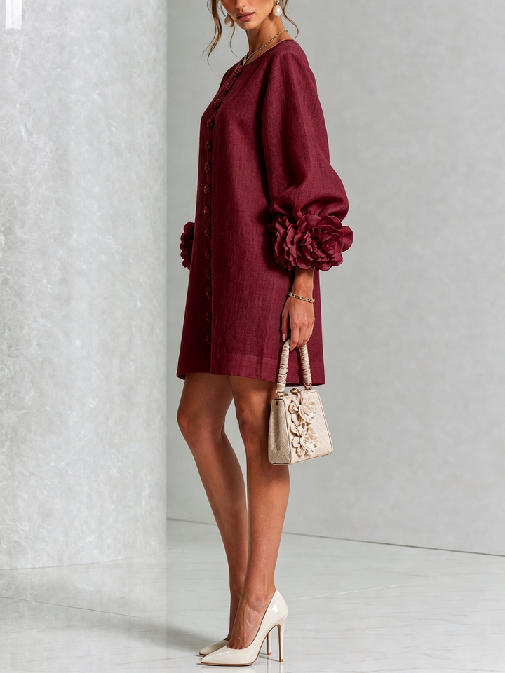 Lily | Mini Abito Bordeaux con Maniche a Fiori Stravaganti