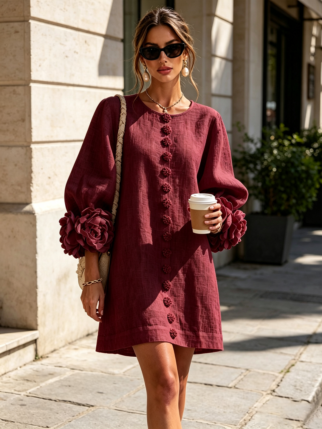 Lily | Mini Abito Bordeaux con Maniche a Fiori Stravaganti