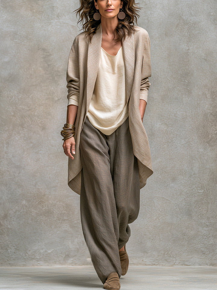 Elegante Completo Tre Pezzi Beige-Grigio a Gamba Larga