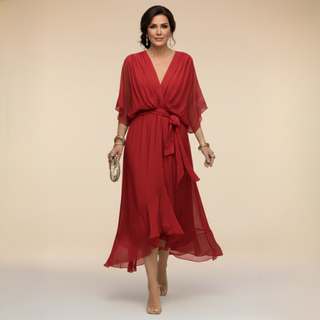 Donna con abito lungo in chiffon con maniche a kimono, moda donna di lusso
