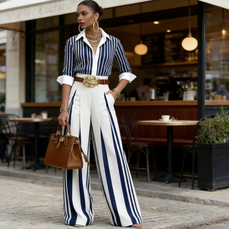 Set da 2 Pezzi: Camicia a Righe da Donna & Pantaloni a Gamba Larga