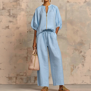 Elena | Completo da donna in due pezzi con maniche a sbuffo e pantaloni a gamba larga